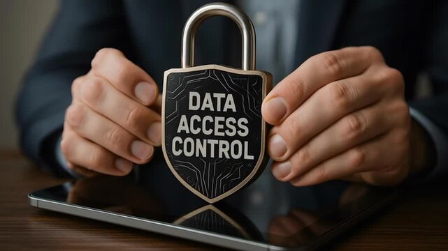 Data Access Control Padlock Over Digital Tablet