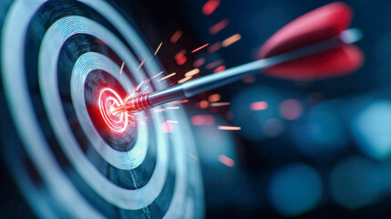 Fototapeta premium Close-up of a dart hitting the bullseye, symbolizing accuracy, precision, and success in business and personal goals