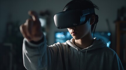 Obraz premium Immersed young man explores virtual reality wonders in his room with a modern VR headset and dynamic