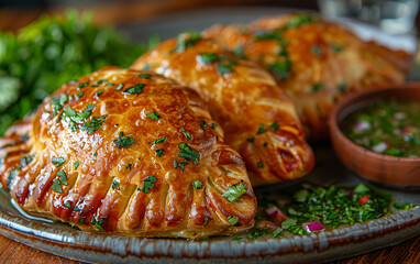 Golden empanadas gleam with parsley on a rustic plate. Features soft lighting for culinary content, food blogs, or restaurant marketing.