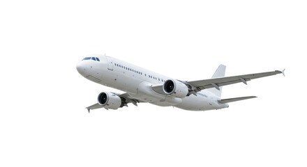 Obraz premium transparent passenger jet airplane with twin engines, gently banking in 3/4 view, set against an immaculate white studio backdrop with soft diffused light, concept of global connectivity