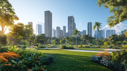 Obraz premium Lush park with modern cityscape