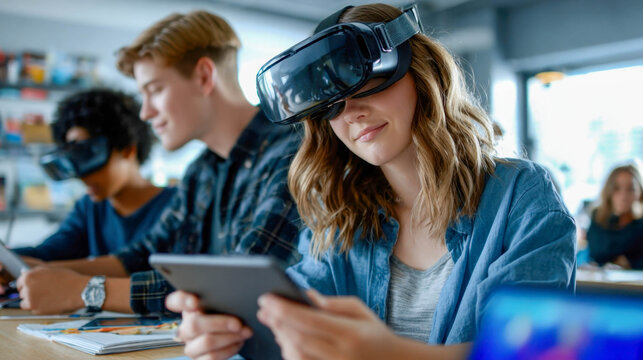 Group of students in classroom using VR headsets and tablets for digital learning and education