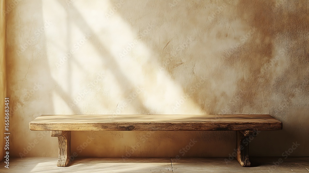Poster rustic wooden bench against textured wall with natural light product display background image space 