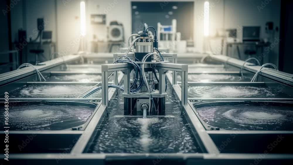 Poster wave energy dynamometer cell setup immersed partially in water simulation tanks to replicate environ