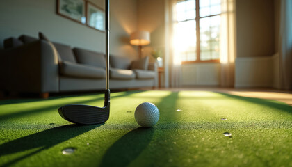 Indoor golf practice setup with a putting green, ball, and club in a sunlit room. Features a sofa and window, creating a comfortable, luxurious home leisure and sports hobby environment.