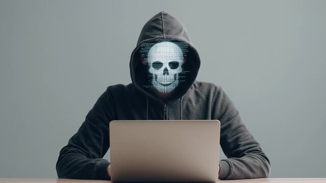 Hacker With Skull Face Working on Laptop