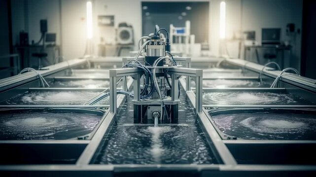 Wave energy dynamometer cell setup immersed partially in water simulation tanks to replicate environmental conditions affecting powertakeoff systems.