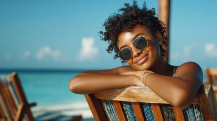 portrait of happy young black woman relaxing on wooden deck chair at tropical beach while looking at camera wearing spectacles smiling african american girl with fashion sunglasses enjoying vacation