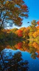 Obraz premium Autumn Trees Reflected in Calm Lake 