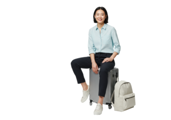 Young caucasian woman in a light blue sweater sits on a grey modern suitcase with a light backpack, smiling confidently on a transparent background. Concept of new opportunities
