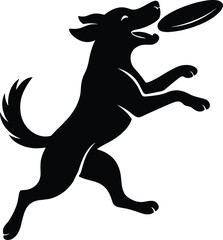 simple silhouette of a happy dog catching a frisbee mid-air dynamic pose black vector