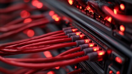 Obraz premium Close-up of red ethernet cables connected to a server, illuminated with red lights