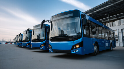 Fleet of modern blue buses parked in a lot during the evening light