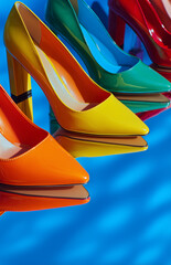Fashionable high-heel shoes in bold colors displayed against a vibrant blue background