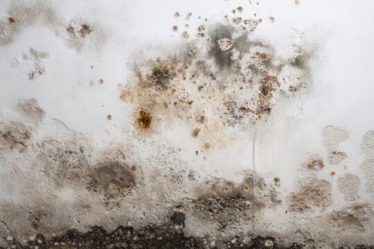 Closeup view of saltpeter and mold growth on a damp wall in an urban setting during daylight hours reveals issues of water intrusion