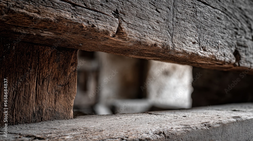 Aufkleber sharp capture of an aged wooden beam with visible grain and marks framing the softfocus view of a hi