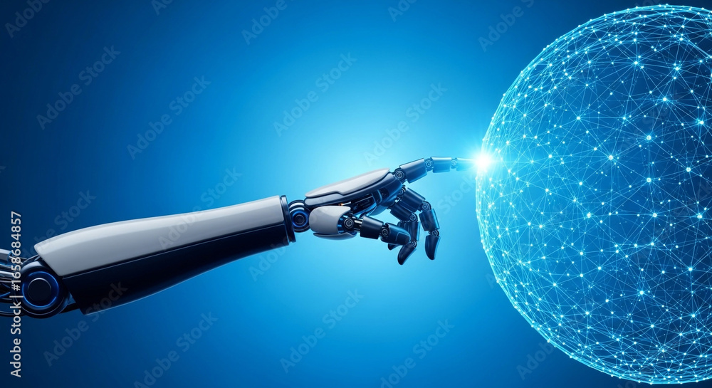 Poster robot hand touching a glowing digital network sphere, representing global connection and data