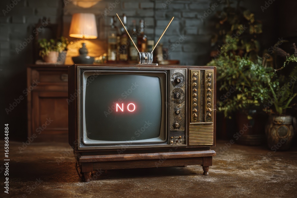 Poster vintage television displaying technical difficulties with static interference in a dimly lit living 