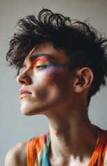 Gender-fluid person with colorful makeup poses gracefully in soft light during a fashion-inspired portrait session