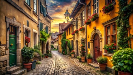 Fototapeta premium Charming European Street at Sunset with Cobblestone Road and Colorful Buildings in a Picturesque Setting