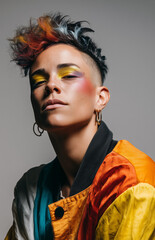 Gender-fluid individual showcases vibrant style with colorful makeup and bold jacket in studio setting