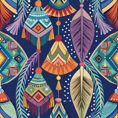 Colorful boho chic pattern with decorative tassels. feathers. and geometric shapes