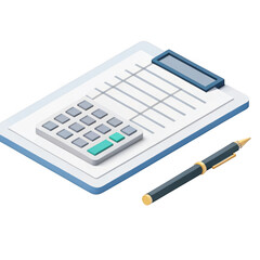 Financial planning tools including a calculator pen and document on a clipboard isolated on transparent background