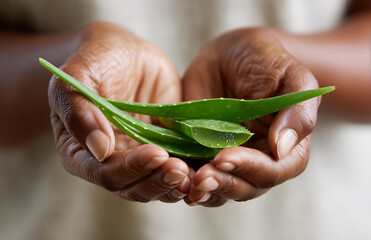 Hands hold fresh aloe vera leaves showcasing natural health benefits and culinary uses