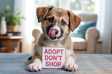 Adorable puppy with 'Adopt Don't Shop' sign melts hearts, promoting responsible pet ownership and animal rescue