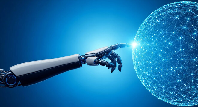 Robot hand touching a glowing digital network sphere, representing global connection and data