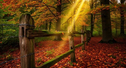  Autumn Forest with Wooden Fence
