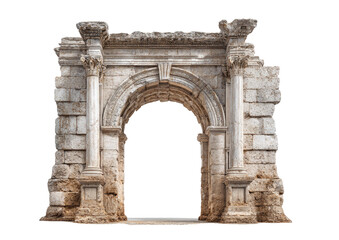 Obraz premium A weathered, stone archway, remnants of an ancient structure. A large, arched opening is framed by crumbling stone pillars and lintel