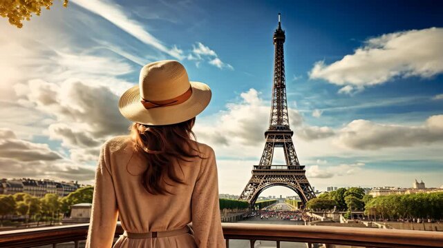 A woman in a hat looks at the Eiffel Tower. Selective focus. people.