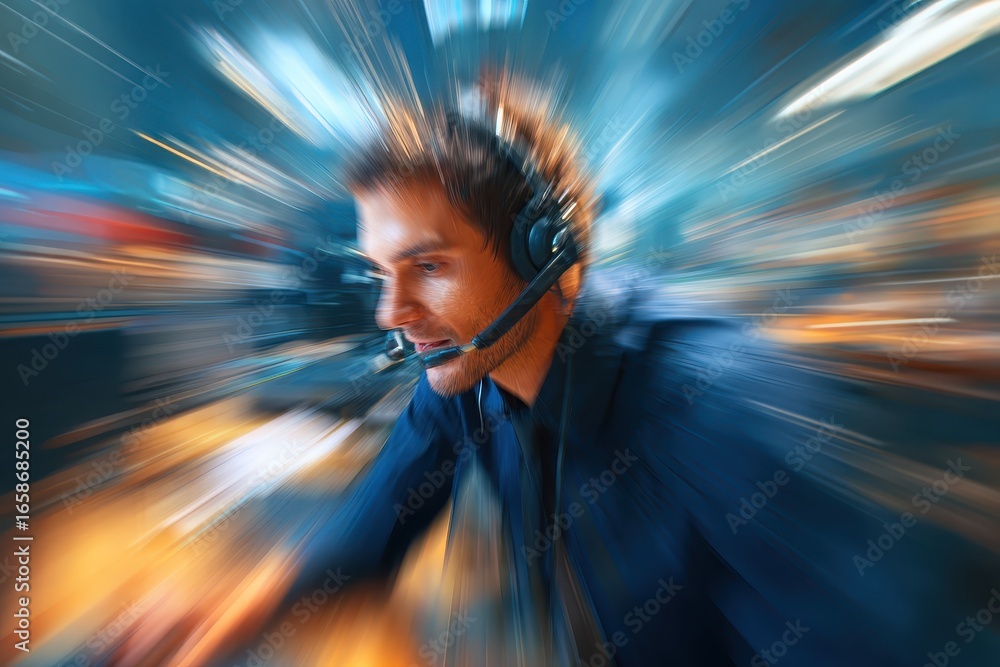 Poster customer service representative engaged in fast-paced communication during operational hours while a