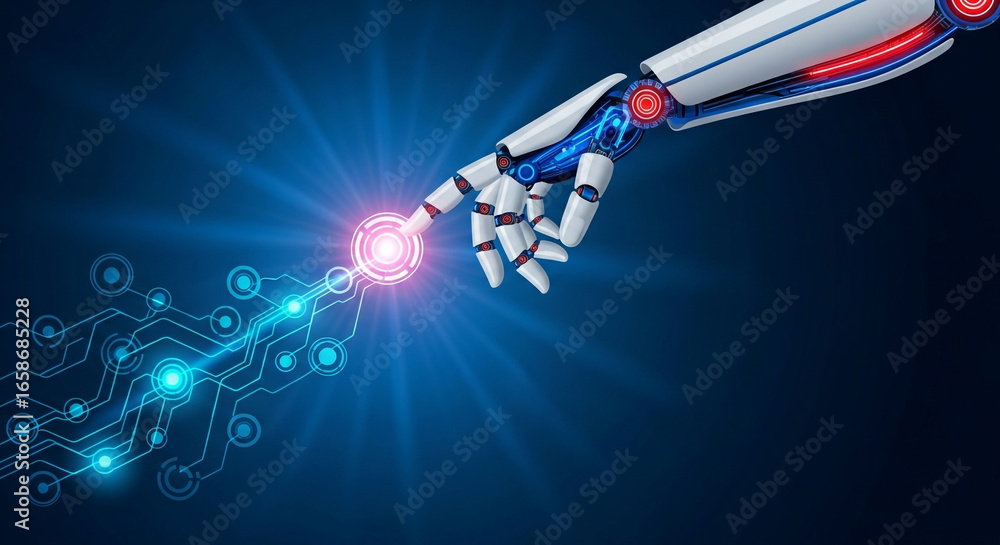 Poster robot hand touching a glowing button to activate technology and data flow