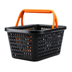 Black shopping basket with orange handle isolated on transparent background