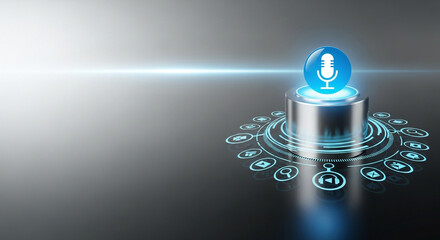 Futuristic microphone interface with glowing digital elements and circuits