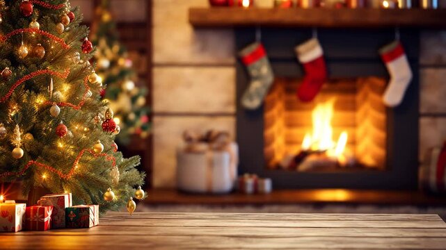 Wooden table against the background of a fireplace and a Christmas tree. Selective focus. Holiday.