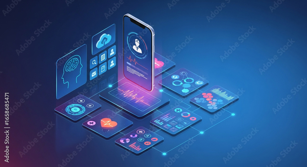 Aufkleber smart technology mobile app interface with futuristic digital data and ai concept