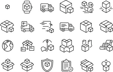 Delivery icons, shipping box, logistics symbol, parcel service, fast transport, cargo tracking, warehouse icon, global shipping, courier package vector