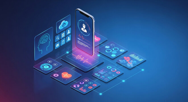 Smart technology mobile app interface with futuristic digital data and ai concept