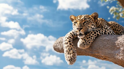 Naklejka premium Majestic leopard resting on tree branch under bright blue sky with fluffy clouds, exuding sense of calm and beauty