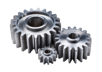 Close-up of three metal gears, interlocked, on a black background