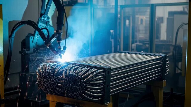 Steamy atmosphere around active welding cell as moltensalt reactor heatexchanger tube bundles are fused together with high accuracy.