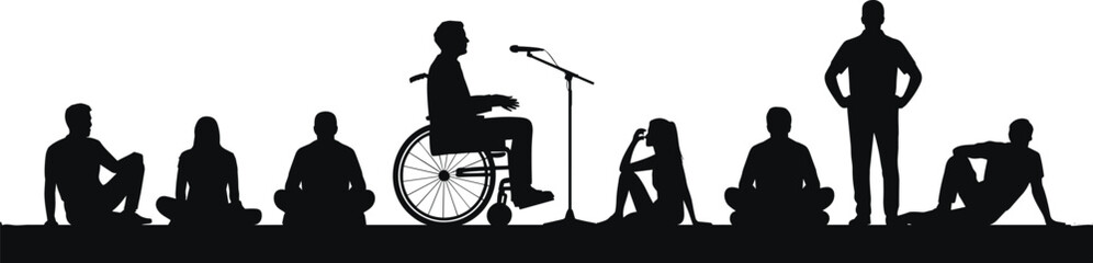 Diverse group people sitting and standing, man in wheelchair speaking at microphone, inclusive community, meditation, support, communication, teamwork, equality, diversity, unity