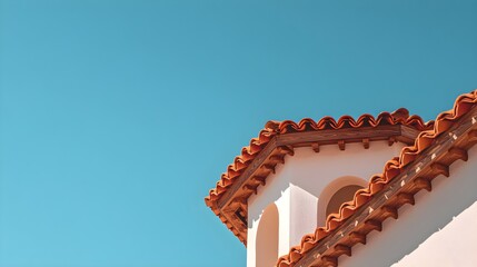 Vibrant Terracotta Roof Tiles and White Wall Detail Against Clear Blue Sky – Mediterranean Architecture Concept