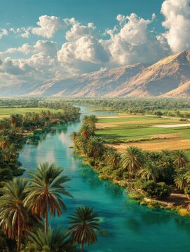 panoramic serene landscape with tigris river euphrates river palm trees agricultural fields farming irrigation in mesopotamia middle east natural beauty of waterway in vale under blue cloudy