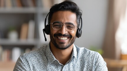 happy indian business man remote teacher customer support manager wearing headset talking at virtual meeting consulting client on video call giving distance learning class at home office call center 
