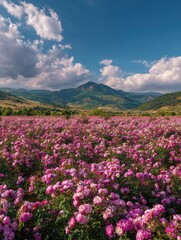 bulgarian rose valley panorama  blooming rosa damascena fields in kazanlak for rose festival photography cultural tourism and traditional bulgarian heritage documentation